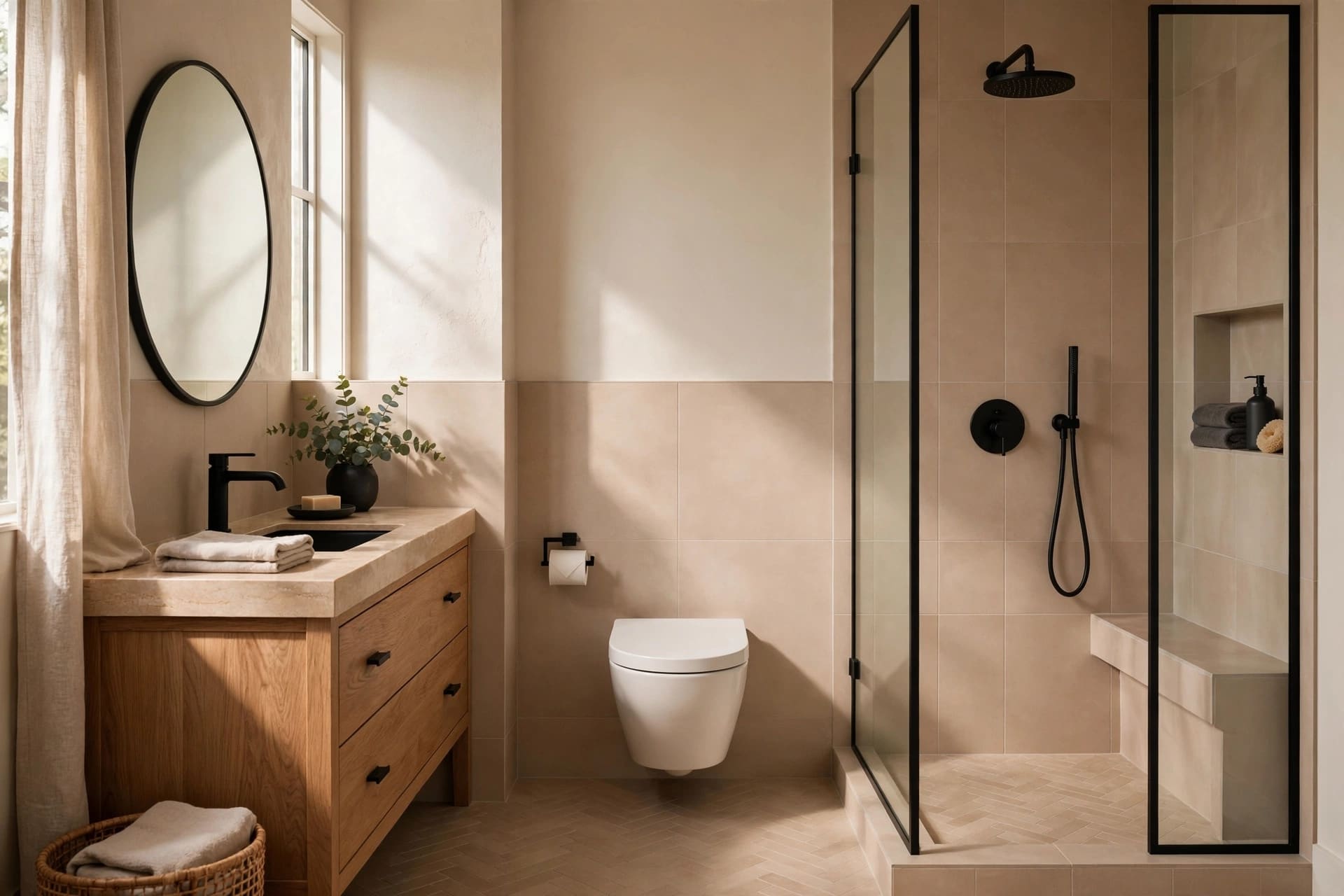 Modern bathroom with warm neutral tiles and black fixtures