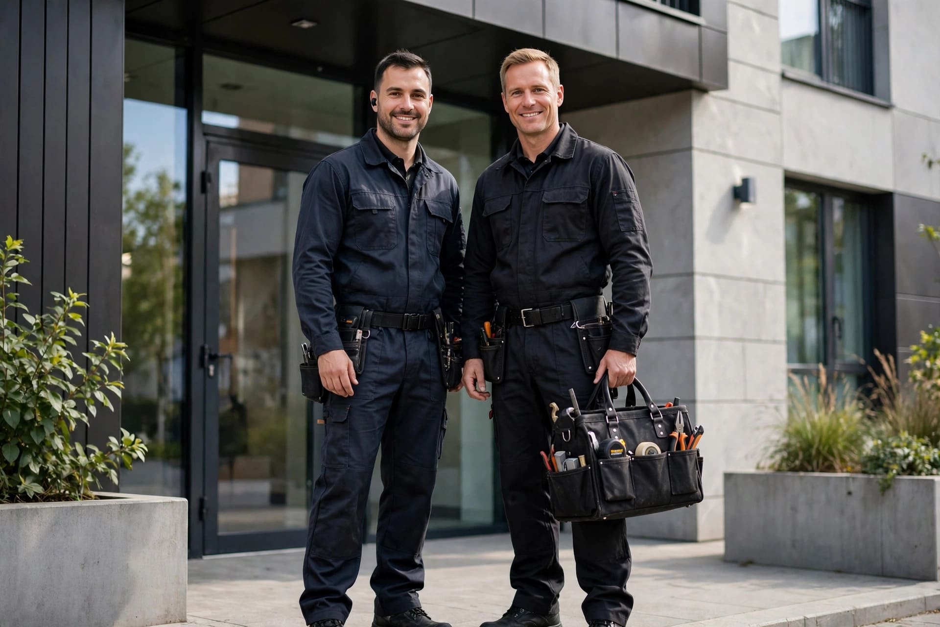 Two renovation tradespeople outside a London apartment building