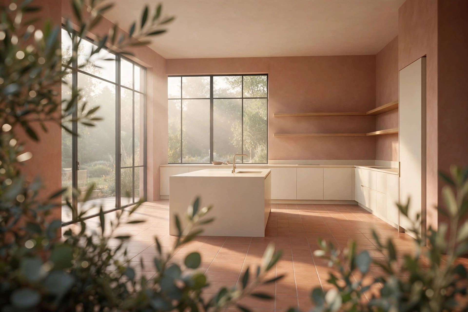 Newly completed kitchen in warm neutral tones