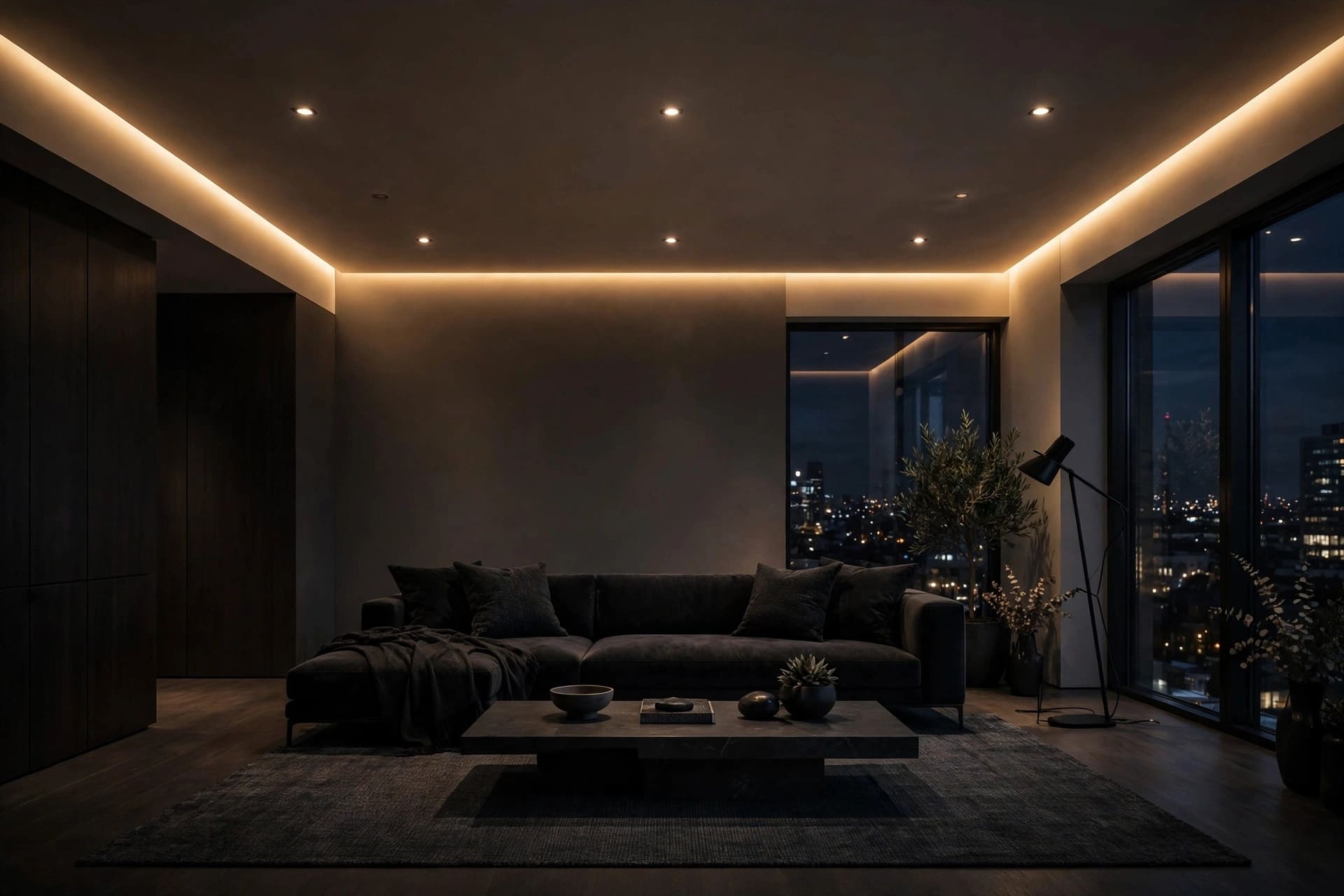 Moody modern living room with warm recessed lighting