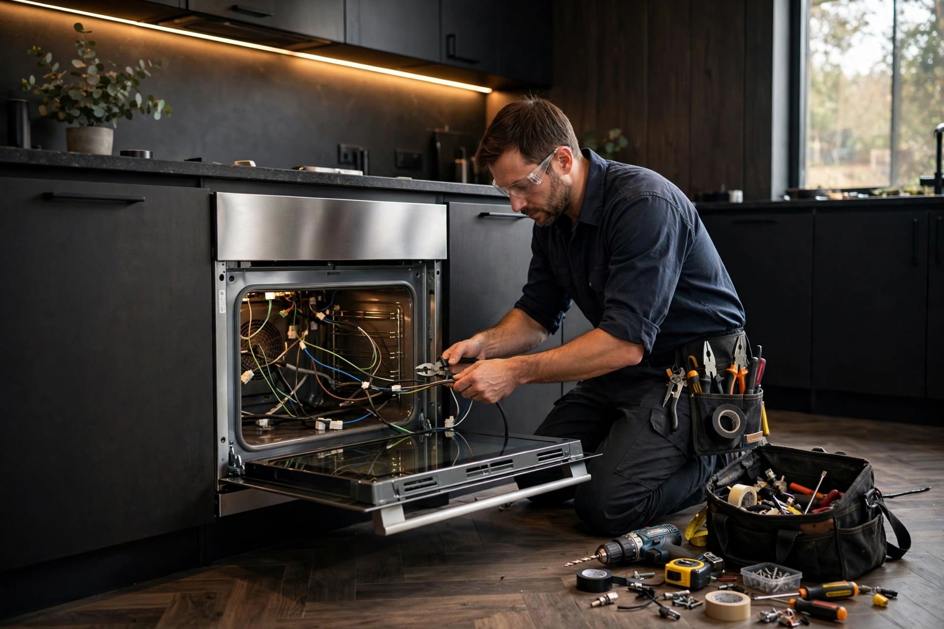 Fitter working on a kitchen appliance during a renovation