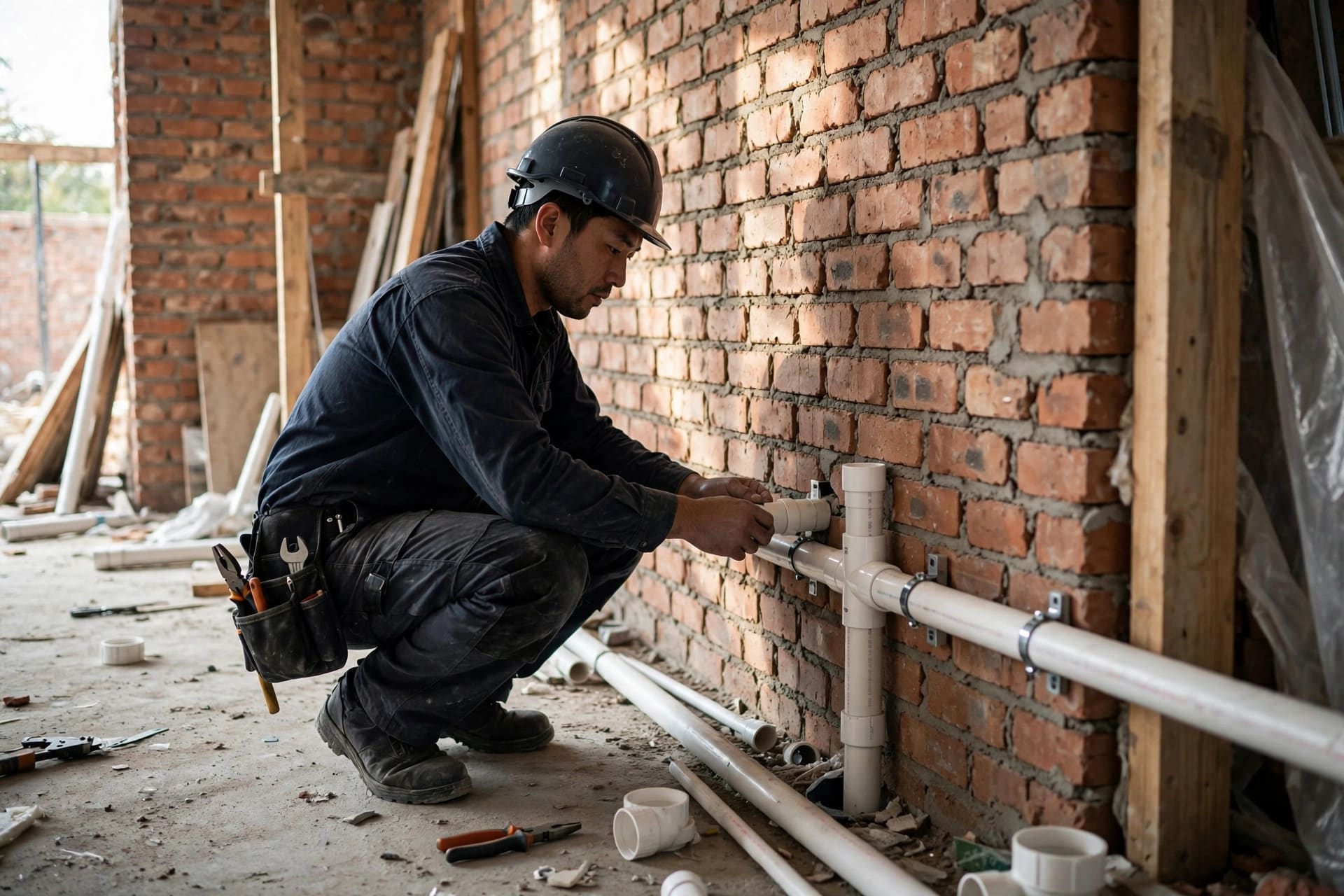 Tradesperson installing pipework during a whole home renovation